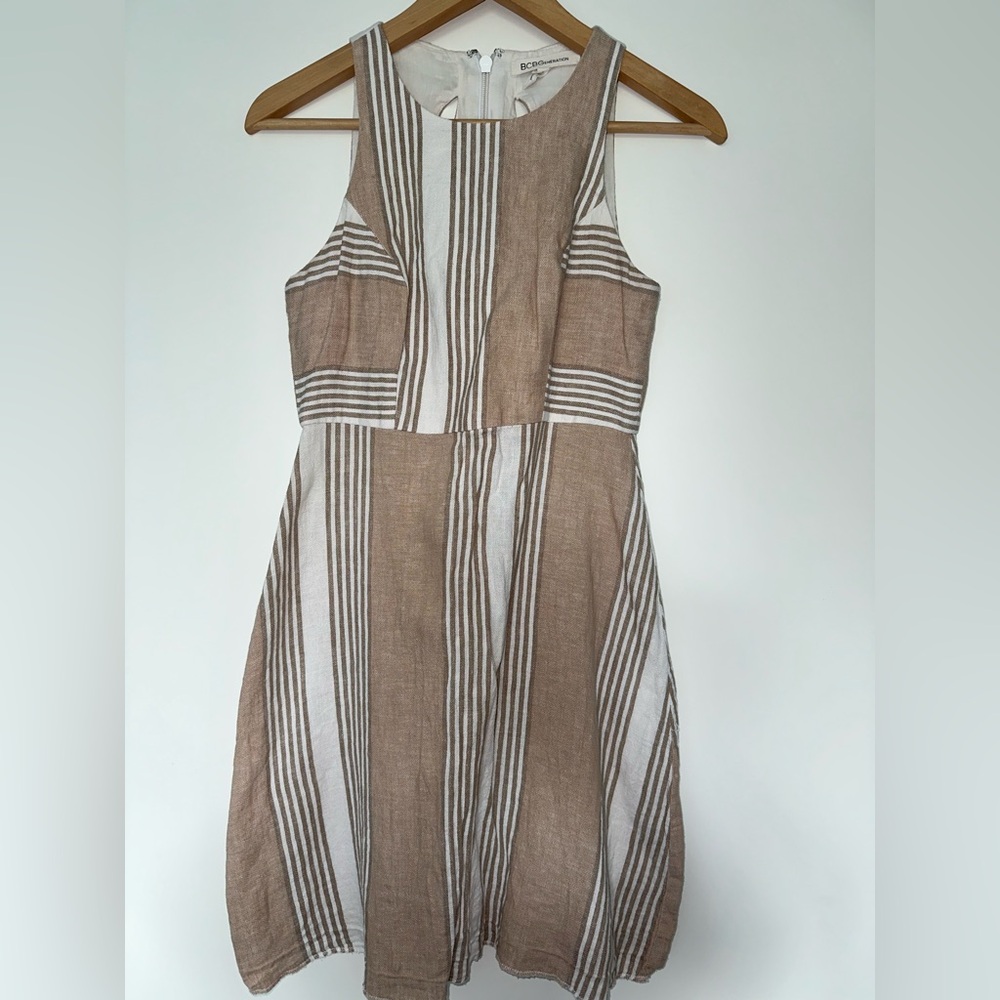 BCBGeneration Striped Brown and White Linen Dress